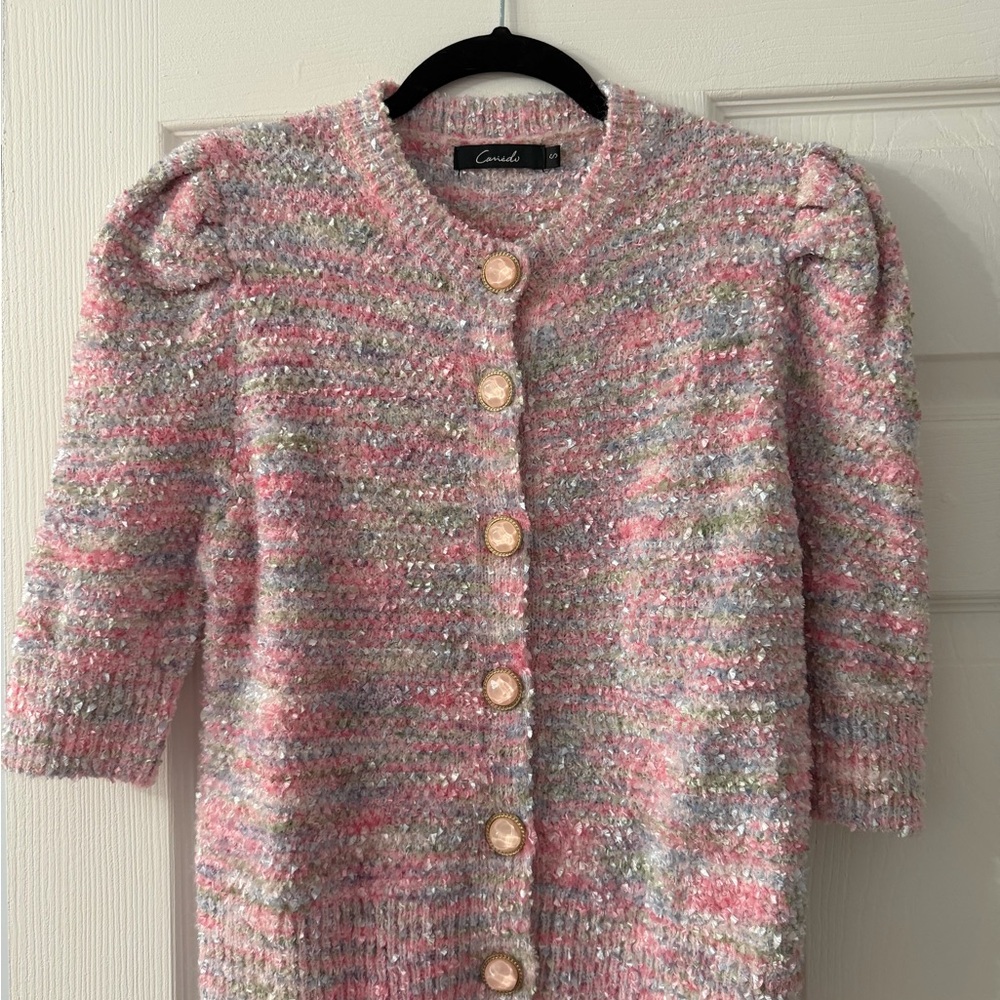 Andie Pink Multi-Color Bouclé Button-Front Cardigan